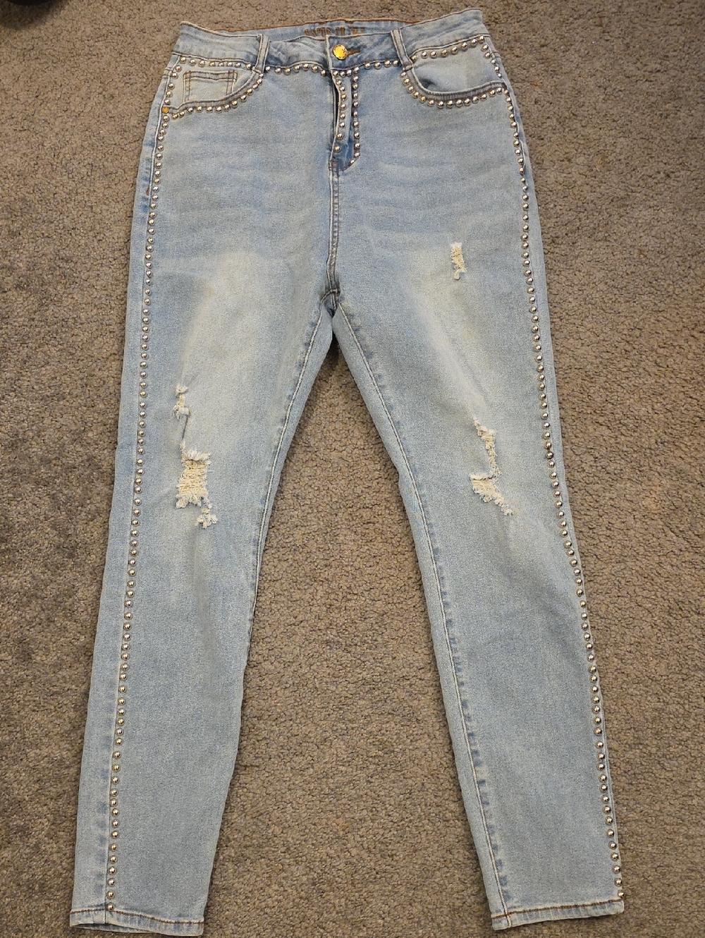 Light Blue Distressed Stud-Trim Women's Jeans